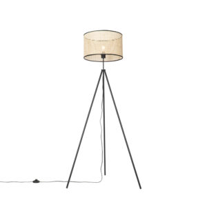 Rural floor lamp tripod black with rattan shade - Kata