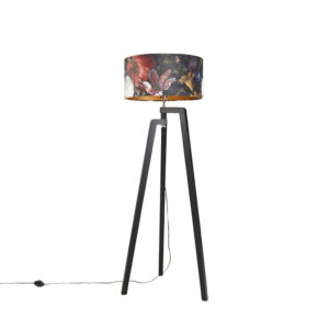 Tripod floor lamp black with shade floral design 50 cm - Puros