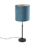 Table lamp black with velor shade blue with gold 25 cm - Parte